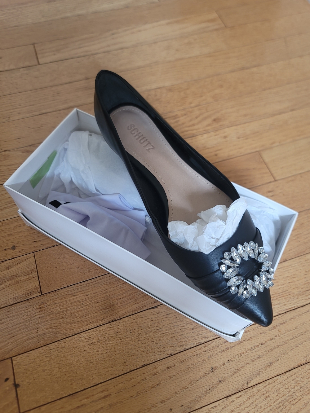 Schutz Black Pointed Toe Embellished Leather Flat